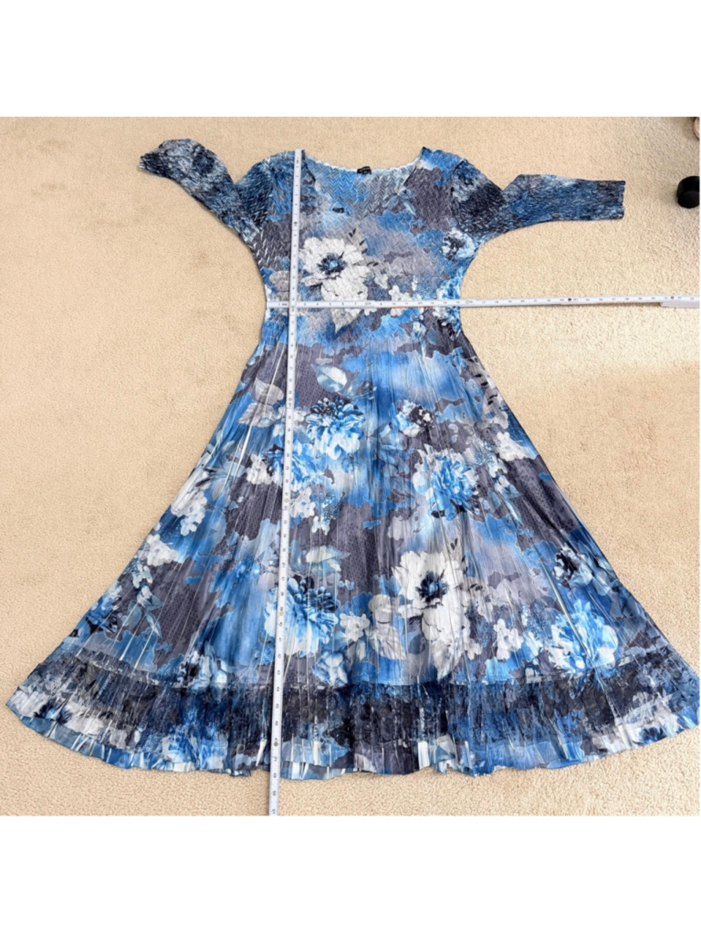 KOMAROV Blue Gray Floral Pleated Charmeuse Cocktail Dress Lace Sleeve Size XL - Picture 14 of 15